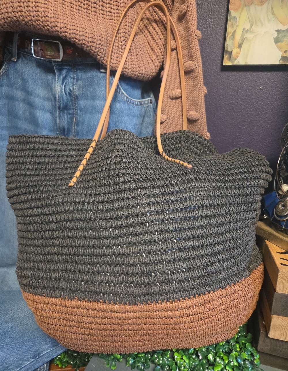 Merona Paper & Leather Two-Tone Woven Tote - Black and Brown with Tan Handles
